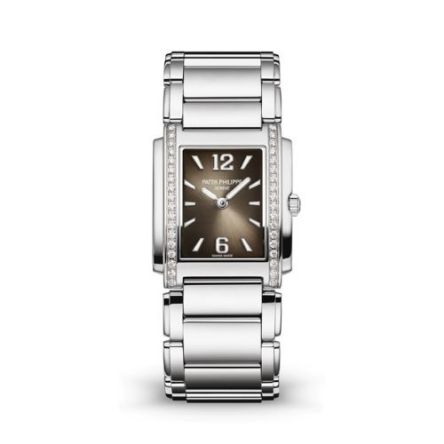 Patek Philippe Twenty~4 4910/1200A-010 stainless steel watch with gray sunburst dial and diamond bezel