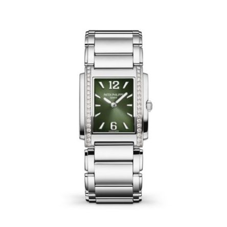 Patek Philippe Twenty~4 Ref. 4910/1200A‑011 – Front view of stainless steel watch with olive green sunburst dial and diamond-set bezel.