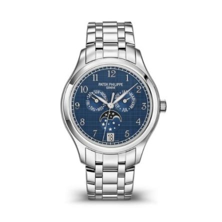 The Patek Philippe Complications Ref. 4947-1A-001 in polished stainless steel features a midnight blue satin-finished dial and an integrated polished steel bracelet for a sleek and sophisticated look.