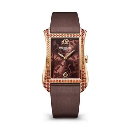 Patek Philippe Gondolo Serata Ref. 4962/200R-001 in rose gold with spessartite-set case and floral brown dial.