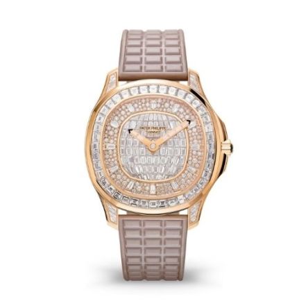 Patek Philippe Aquanaut Luce 5062/450R-001 in rose gold featuring a snow-set diamond dial and full diamond pavé bezel and case.