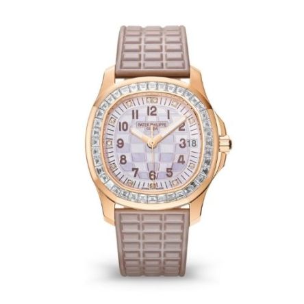 Patek Philippe Aquanaut Luce 5072R-001 in rose gold featuring a mother-of-pearl dial with diamond hour markers and diamond-set bezel.
