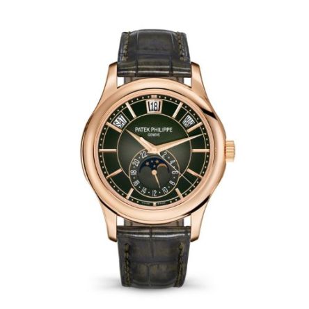The Patek Philippe Complications Ref. 5205R-011 features an olive green sunburst dial with a black-gradient rim and a rose gold case, offering an elegant presence.