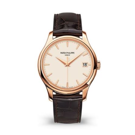 The Patek Philippe Calatrava Ref. 5227R-001 in rose gold features an ivory lacquered dial with gold-applied hour markers, complemented by a shiny dark chestnut alligator strap with square scales.