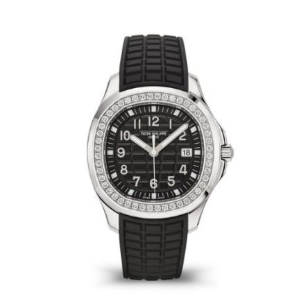 Patek Philippe Aquanaut Luce 5267/200A-001 in stainless steel featuring a black embossed dial and diamond-set bezel.