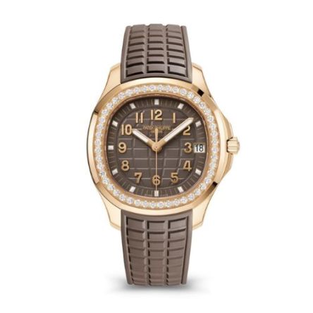 Patek Philippe Aquanaut Luce 5268/200R-010 in rose gold with taupe embossed dial and diamond-set bezel.