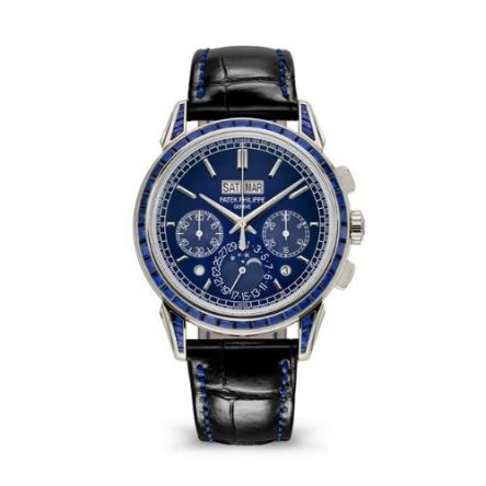 Patek Philippe 5271/11P-010 in platinum with baguette-cut blue sapphires and lacquered blue dial