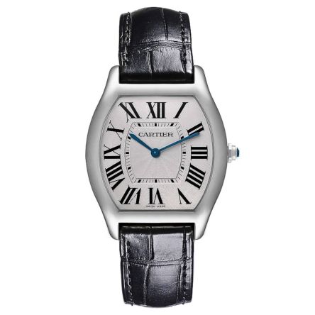 Tortue Ref. WGTO0003 manual watch in 18K white gold with silver Roman numeral dial and leather strap.