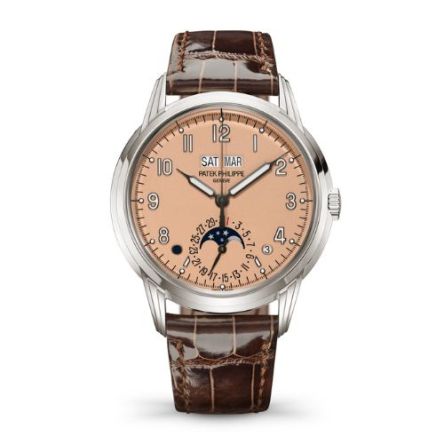 Patek Philippe 5320G‑011 white gold watch with rose‑gilt opaline dial, moon phase, and chocolate brown leather strap