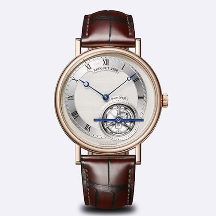 Breguet Classique Tourbillon Extra-Plat Anniversaire 5365 in 18K rose gold with 41 mm case, silver guilloché dial, tourbillon at 5 o’clock, and brown leather strap.