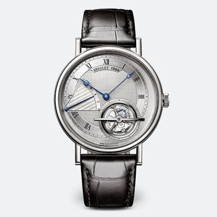 Breguet Classique Tourbillon Extra-Plat 5377PT/12/9WU platinum watch with silvery guilloché dial and black alligator strap.
