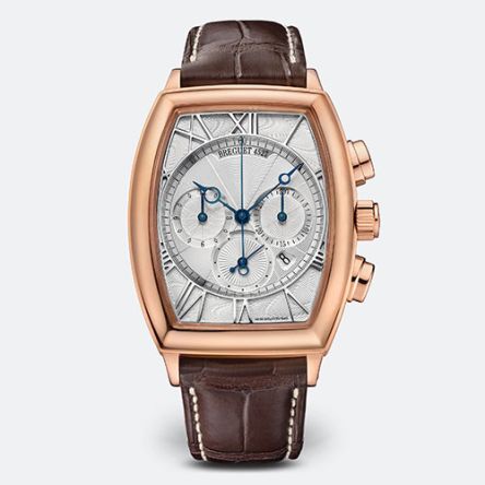 Breguet Heritage 5400BR/12/9V6 men’s chronograph in 18K rose gold with silvered guilloché dial, Roman numerals, and blued steel hands on brown leather strap