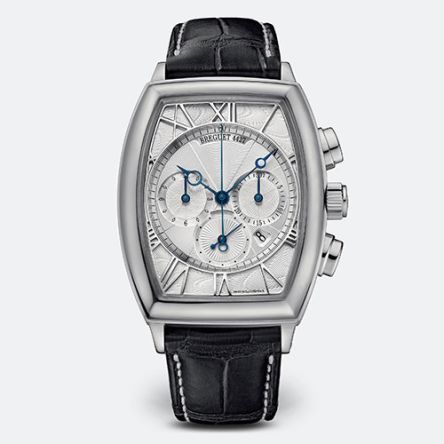 Breguet Heritage Ref. 5400BB/12/9V6 chronograph watch in 18K white gold with curved tonneau case and silvered guilloché dial.