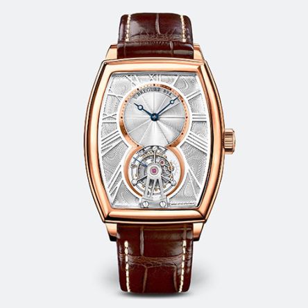 Breguet Heritage Ref. 5497 tourbillon watch in 18K rose gold with curved tonneau case and silvered guilloché dial.