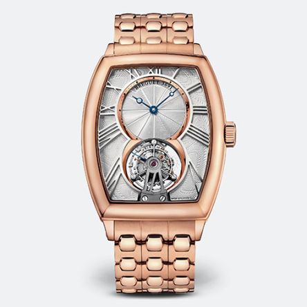Breguet Héritage Ref. 5497BR/12/RB0 tourbillon watch in 18K rose gold with curved tonneau case, silvered guilloché dial, and rose gold bracelet.
