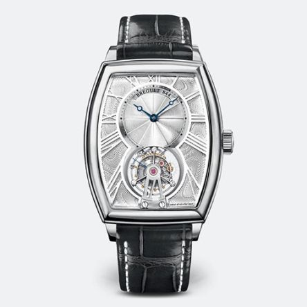 Breguet Héritage 5497PT/12/9V6 tourbillon watch in platinum with curved tonneau case, silvered guilloché dial, and black leather strap.