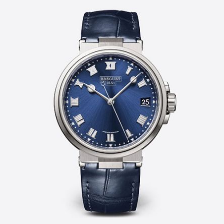 Breguet Marine 5517 Ref. 5517TI/Y1/9ZU titanium watch with sunburst blue dial and leather strap.