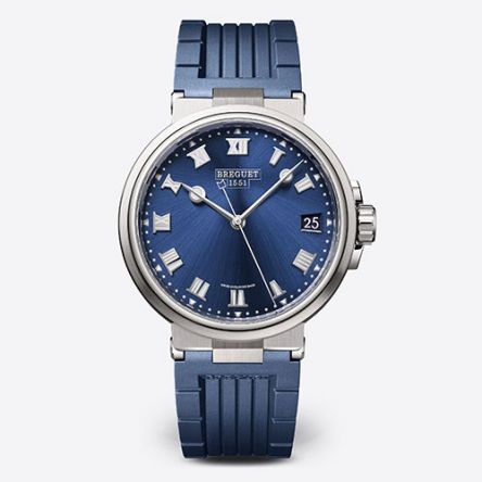 Breguet Marine Ref. 5517 titanium watch with sunburst blue guilloché dial and leather strap