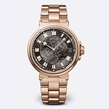 Breguet Marine Ref. 5517BR/G3/RZ0 luxury sports watch in 18K rose gold, showcasing a wave-pattern guilloché dial and a refined bracelet strap