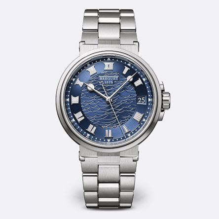Breguet Marine 5517BB/Y2/BZ0 in white gold with a blue guilloché dial and bracelet strap.
