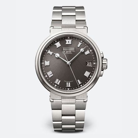 Breguet Marine Ref. 5517TI/G2/TZ0 titanium luxury watch with slate grey dial and titanium bracelet strap.