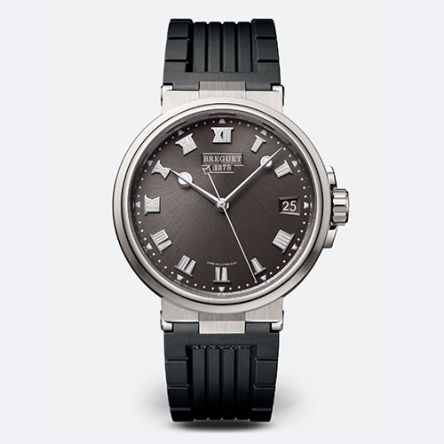Breguet Marine Ref. 5517TI/G2/5ZU watch featuring a titanium case, slate grey guilloché dial, and black rubber strap, luxury marine watch with bold Roman numerals.