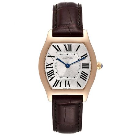 Cartier Tortue Ref. W1556362 rose gold tonneau watch with silvered guilloché dial and brown alligator leather strap.