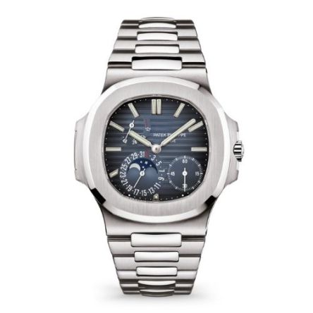 Patek Philippe Nautilus 5712/1A-001 stainless steel watch with a 40mm case, blue-black gradient dial, moon phase, power reserve, and stainless steel bracelet.

