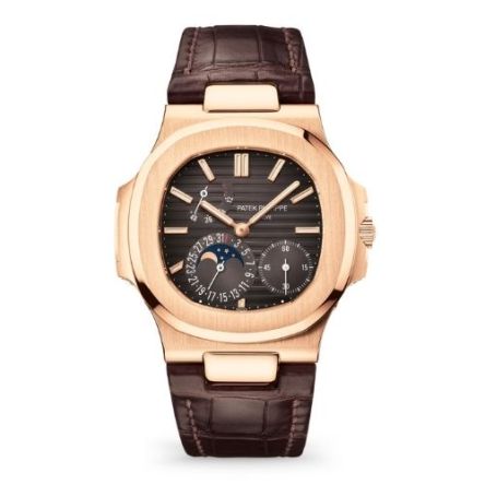 Patek Philippe Nautilus 5712R-001 rose gold watch with a 40mm case, brown gradient dial, moon phase, power reserve indicator, and brown leather strap.