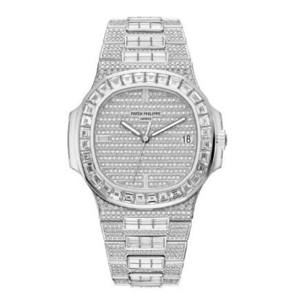 Patek Philippe Ref. 5719-10G-010 in white gold, fully set with brilliant-cut diamonds, featuring a luxurious pavé dial.
