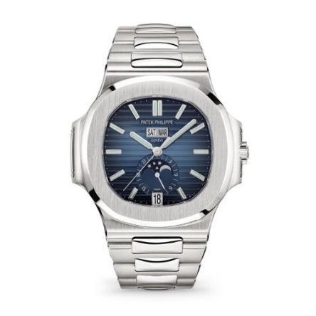 Patek Philippe Nautilus 5726/1A-014 stainless steel watch with a 40.5mm case, blue gradient dial, annual calendar, moon phase, and stainless steel bracelet.