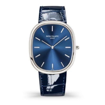 Patek Philippe 5738/50P-001 with a blue sunburst dial, platinum case, and matching shiny blue alligator leather strap.