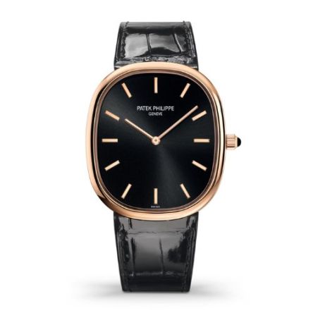 Patek Philippe Golden Ellipse 5738R-001 front view – rose gold case, silvery sunburst dial with moonphase aperture.