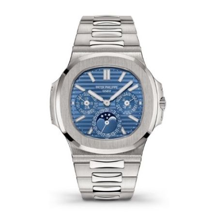 Patek Philippe Ref. 5740-1G-001 in white gold, featuring a blue sunburst dial, perpetual calendar.