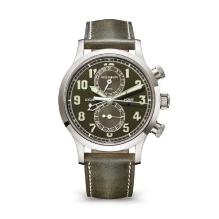 Patek Philippe 5924G-010 watch in white gold, 42mm case, blue-gray sunburst dial with gold applied numerals, flyback chronograph, dual time zone, and calfskin leather strap.