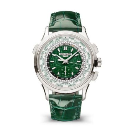 Patek Philippe 5930P-001 with green guilloched dial, platinum case, and World Time flyback chronograph.