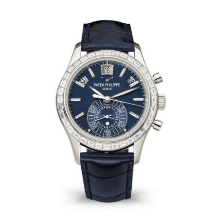 Patek Philippe 5961P-001 in platinum with matte blue opaline dial and diamond-set bezel.