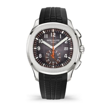 Patek Philippe Aquanaut Chronograph Ref. 5968A-001 in stainless steel with black dial and orange accents.