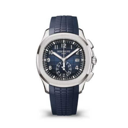 Patek Philippe Aquanaut Chronograph 5968G-001 in white gold featuring a gradient blue dial with embossed pattern and flyback chronograph.