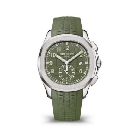 Patek Philippe Aquanaut Chronograph Ref. 5968G-010 in white gold with khaki-green dial and strap.