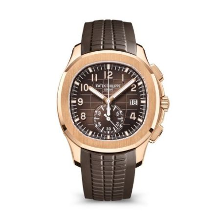 Patek Philippe Aquanaut Ref. 5968R-001 in rose gold with sunburst brown embossed dial, flyback chronograph, and gold applied numerals.