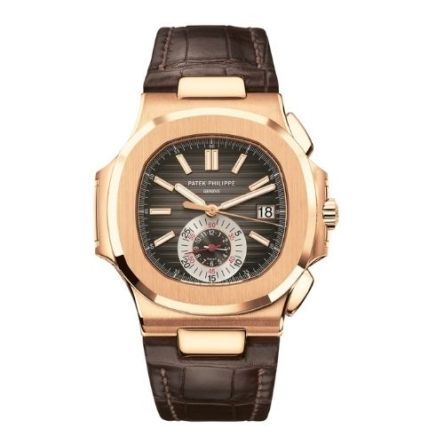 Patek Philippe Nautilus 5980R-001 rose gold watch with a 40.5mm case, brown gradient dial, chronograph function, and brown leather strap.