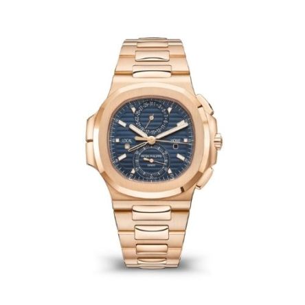 Patek Philippe Nautilus Ref. 5990-1R-001 in 18K rose gold with dual time zone, chronograph, and sunburst blue dial on a rose gold bracelet.