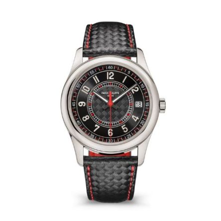 The Patek Philippe Calatrava Ref. 6007G-010 in white gold showcases a bold ebony black dial with a carbon motif, complemented by a black calfskin strap with red stitching.