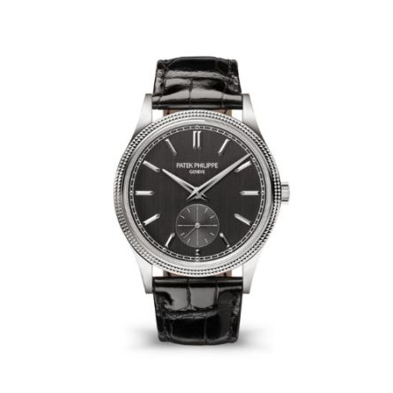The Patek Philippe Calatrava Ref. 6119G-001 in white gold features a striking charcoal gray dial with a shiny black alligator leather strap