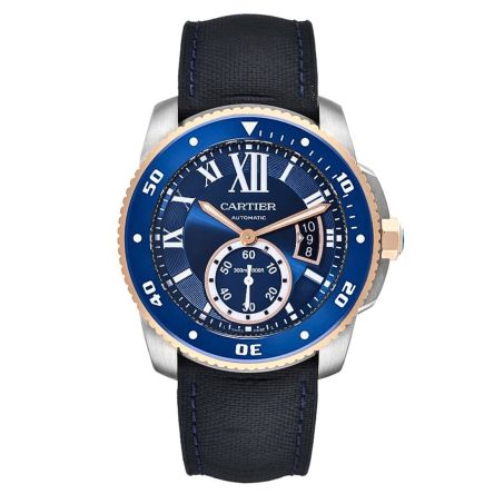 Calibre De Diver Ref. W2CA0008 by Cartier, front view gold and stainless steel case, rose gold bezel, silver dial, and rubber strap with automatic movement.