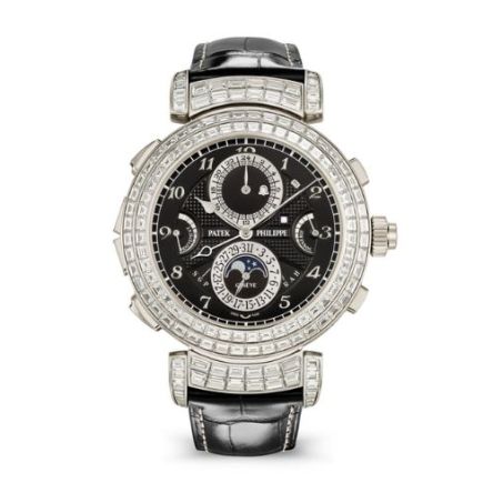 Front view of the Patek Philippe 6300/400G-001 watch, featuring a white gold case and dark black leather strap, with Roman numeral markers.