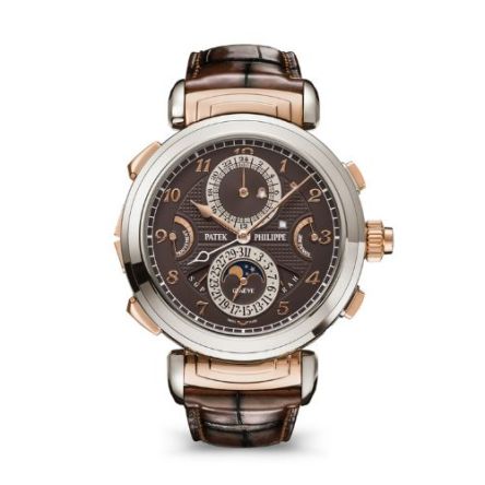 Patek Philippe 6300GR-001 with a two-tone white and rose gold case and brown opaline dial.