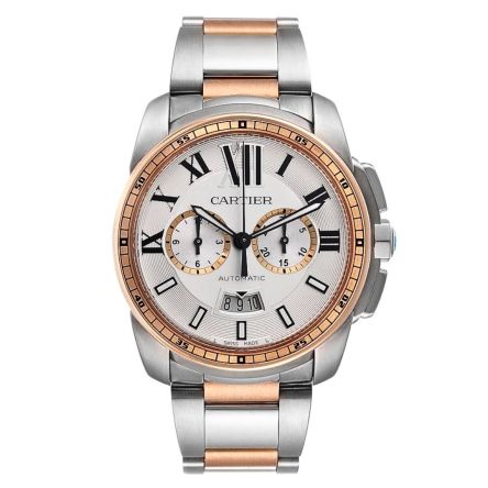 Cartier Calibre de Cartier Ref. W7100042 highlighting pink gold bezel, stainless steel case, silver dial, and chronograph sub-dials.