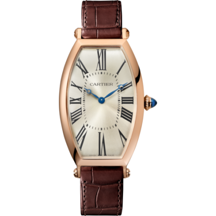 Cartier Tonneau Ref. WGTN0006 emphasizing the brown semi-matte alligator leather strap and the rose gold ardillon buckle.